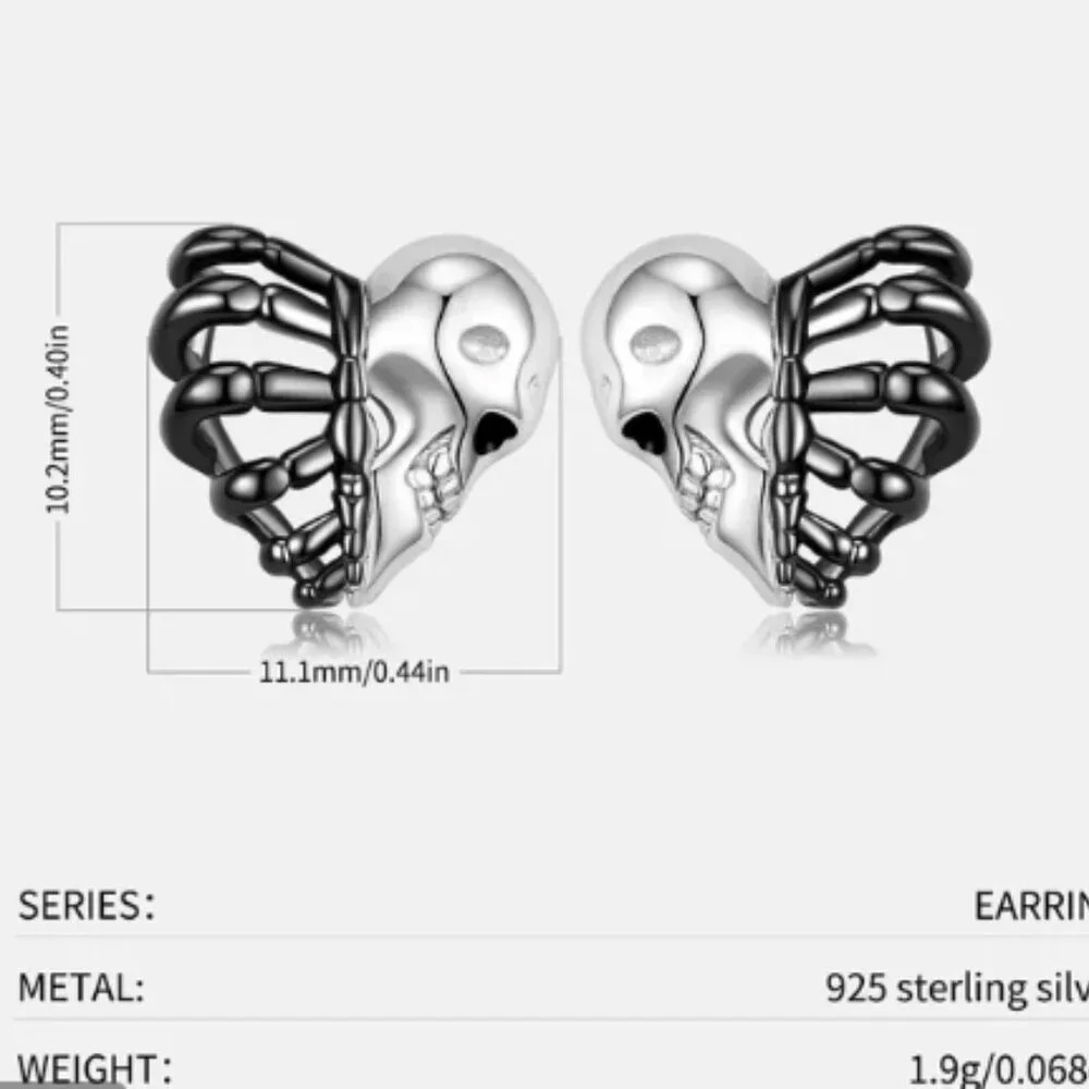 925 Sterling Silver Halloween Gothic Night Club Skeleton Heart Skull Earrings - Picture 6 of 8